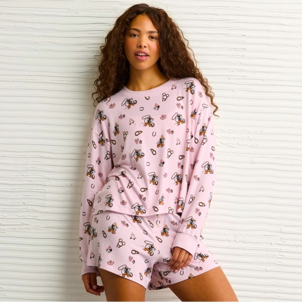 American Eagle mickey & Minnie pajama set western soft graphic pink pj set 🩷